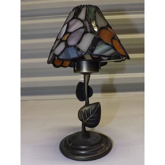 Stained Glass Tiffany Style Flower Lamp Metal Leaf Base Votive Tealight Holder - Picture 2 of 14
